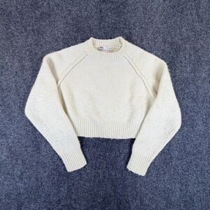 Zara Cropped Sweater Women Small Beige Shaker Stitch Knit Raglan Sleeve Pullover